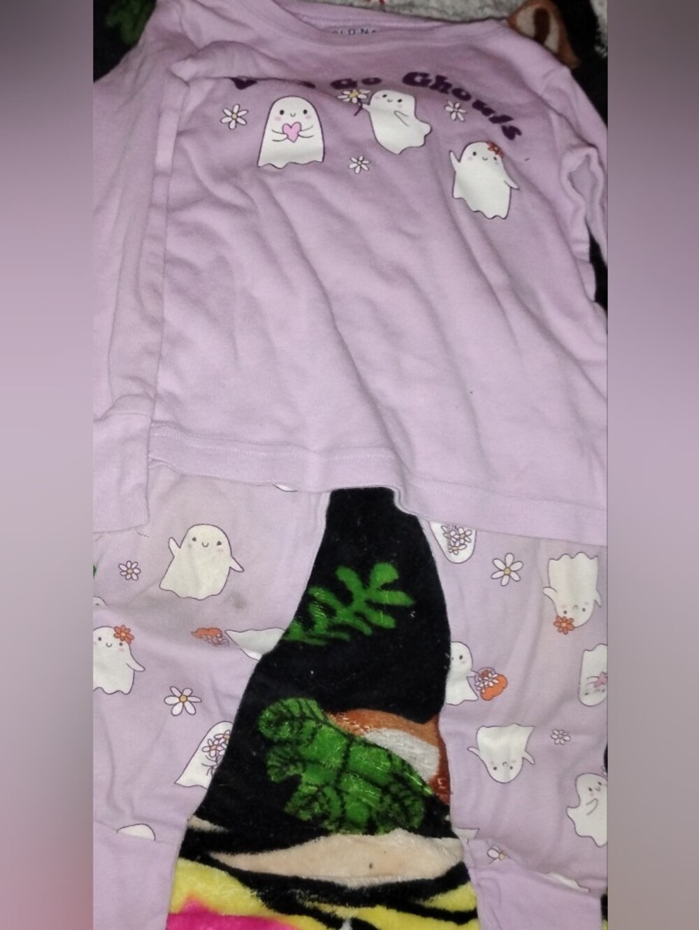 Toddler Girls Halloween Light Purple Ghost & Flower Print Two-Piece Pajama Set